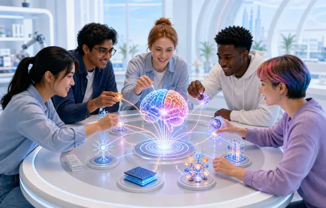 Diverse young researchers collaborating around a shared brain model