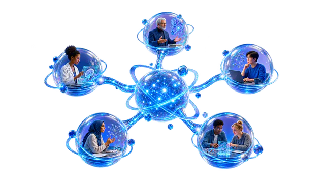Blue three dimensional community network representing connection