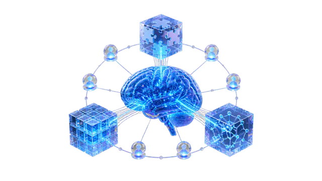 Blue three dimensional brain and research network representing contribution