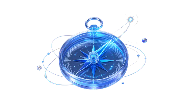 Blue three dimensional compass representing exploration