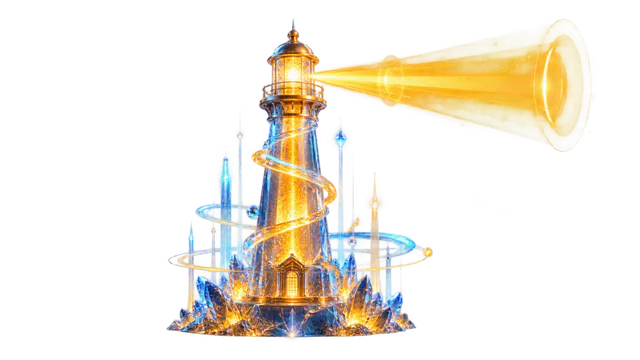 Golden three dimensional lighthouse representing leadership