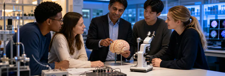 A university mentor guiding students through neuroscience research
