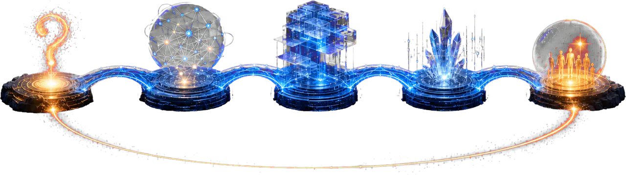 A continuous knowledge bridge connecting a research question through a domain, program and evidence to responsible impact