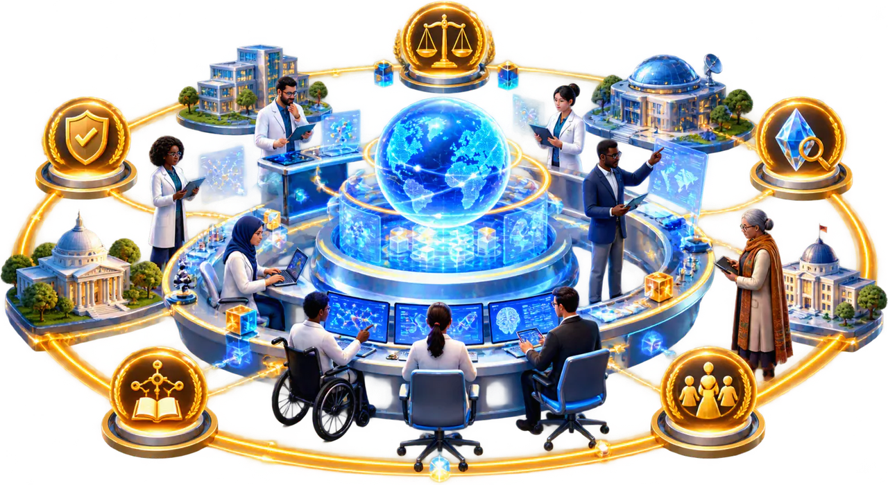 A collaborative research partnership surrounded by visible governance and accountability