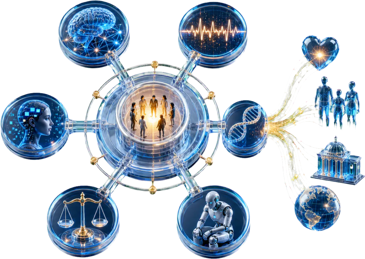 Connected research domains governed responsibly around human and societal wellbeing