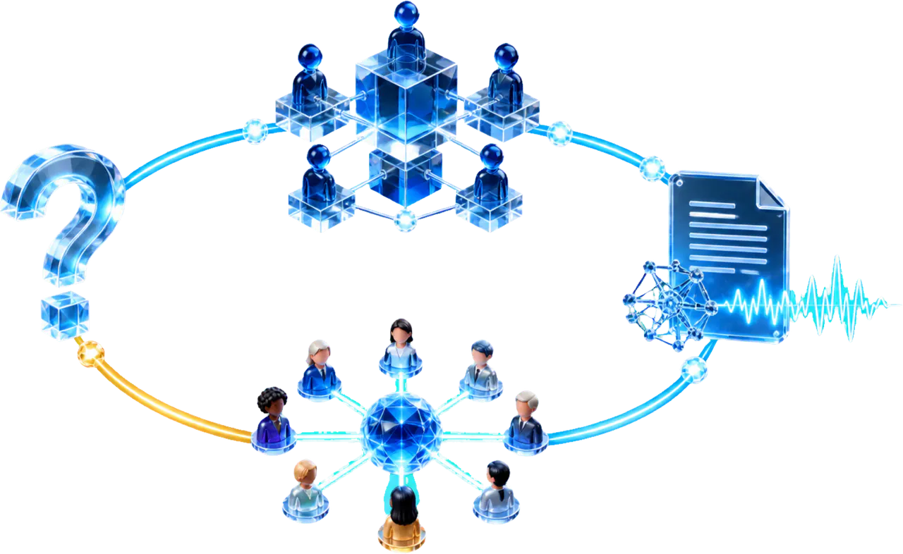 A question becomes a collaborative program, produces evidence and returns learning to the next question