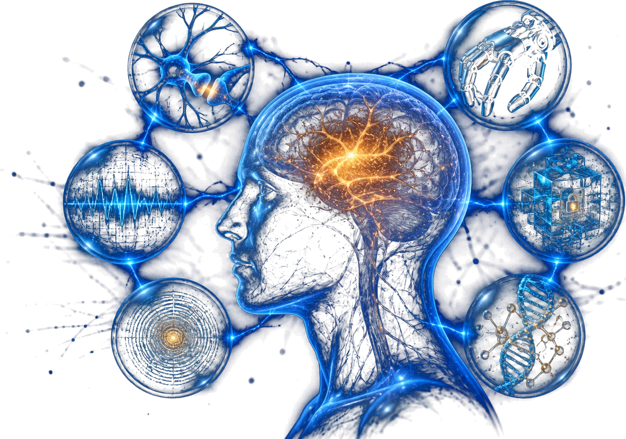 A luminous human brain connected to six fields of interdisciplinary research